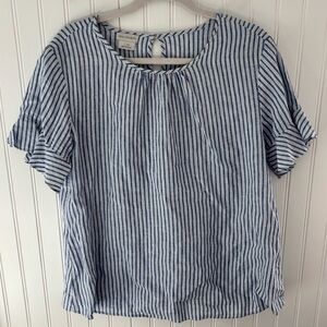 Van Heusen Blue and White Striped Short Sleeve linen/ cotton blend Blouse